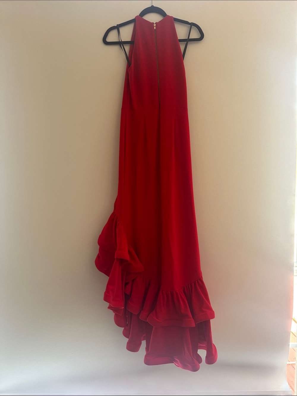 Betsey & Adam Long Red Ruffle Halter Gown - Picture 4 of 8